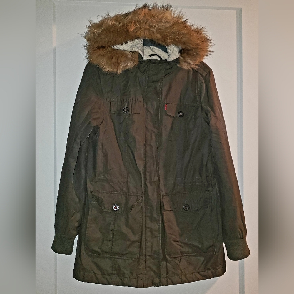 Levi's Green Parka Coat Jacket Womens Size M Sherpa Lined Faux Fur Hood Fall Y2k